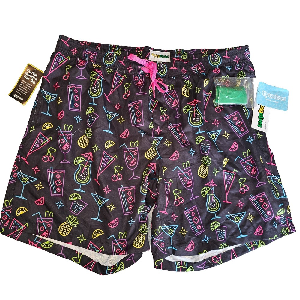 TIPSY ELVES LINED SWIM TRUNKS Men's Size 4XL BLACK NEON NIGHTCAP NEW!!